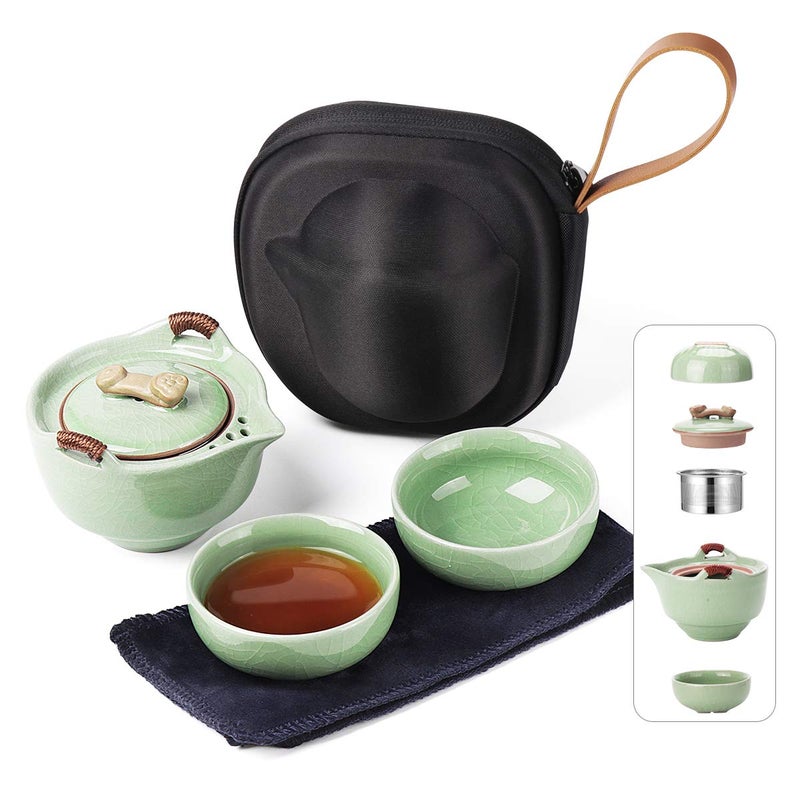 Dltsli Travel Ceramic Tea Pot Set, Chinese Kung Fu Teapot 1 Pot 2 Mini Cup Porcelain Gongfu Teacups with Infuser Portable Bag All in One for Picnic Outdoor Camping Hotel - Image 3